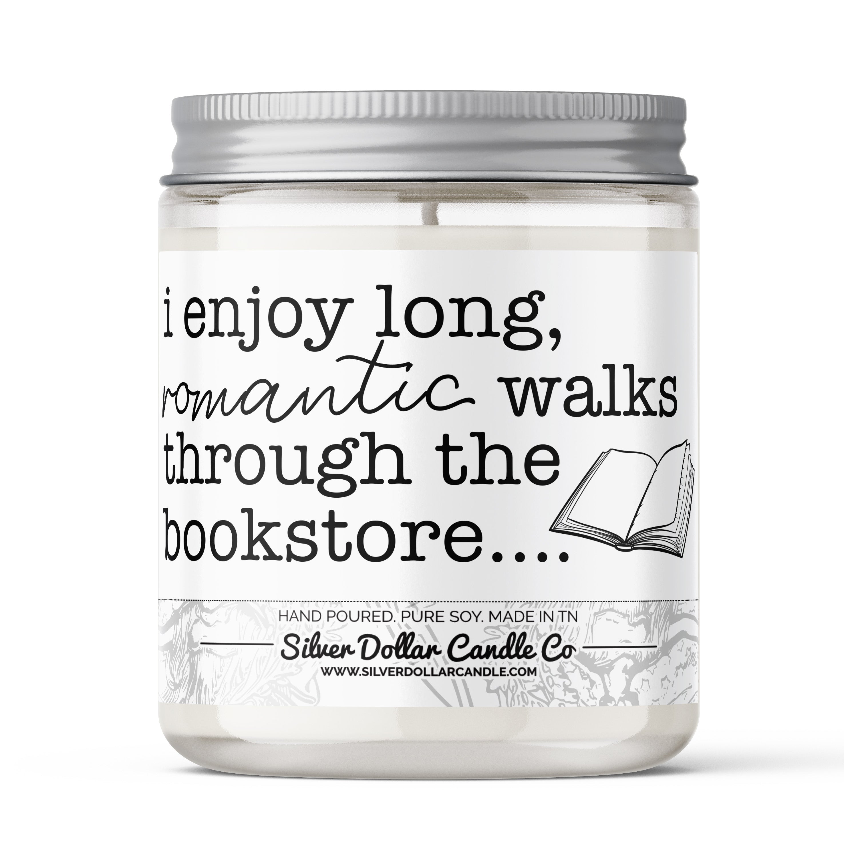 A beautifully designed candle labeled 'I Enjoy Long Walks Through The Bookstore' with a cozy ambiance, showcasing its elegant packaging and personalization option.